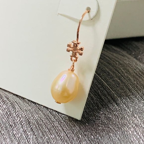 Tory Burch Earrings Kira Pearl Drop Earrings 12MM Peart Logo Rose Gold - Picture 7 of 11